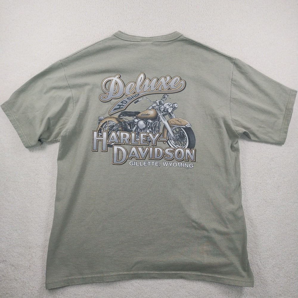 Vtg 2000 Harley Davidson Henley‎ Shirt Men's Large Green Deluxe Gillette Wyoming